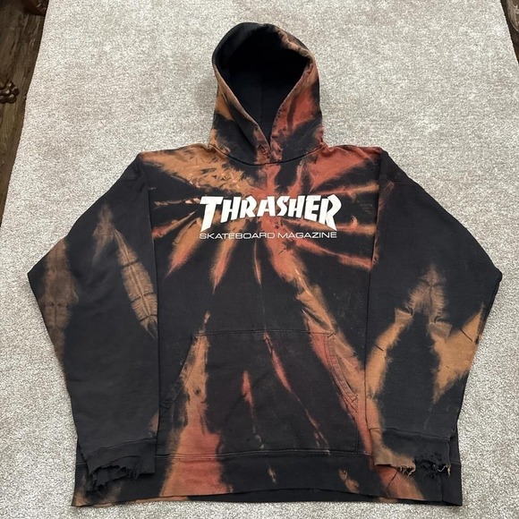 Thrasher Skateboarding Magazine Hoodie Black Orange Tie-Dye Distressed - Picture 1 of 7